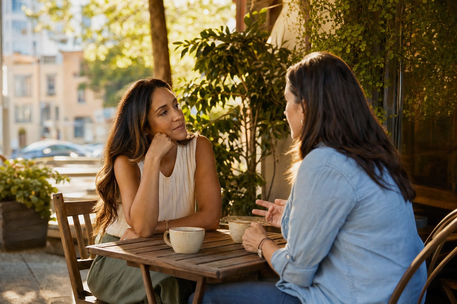 Two women having a quiet conversation at an outdoor cafe table