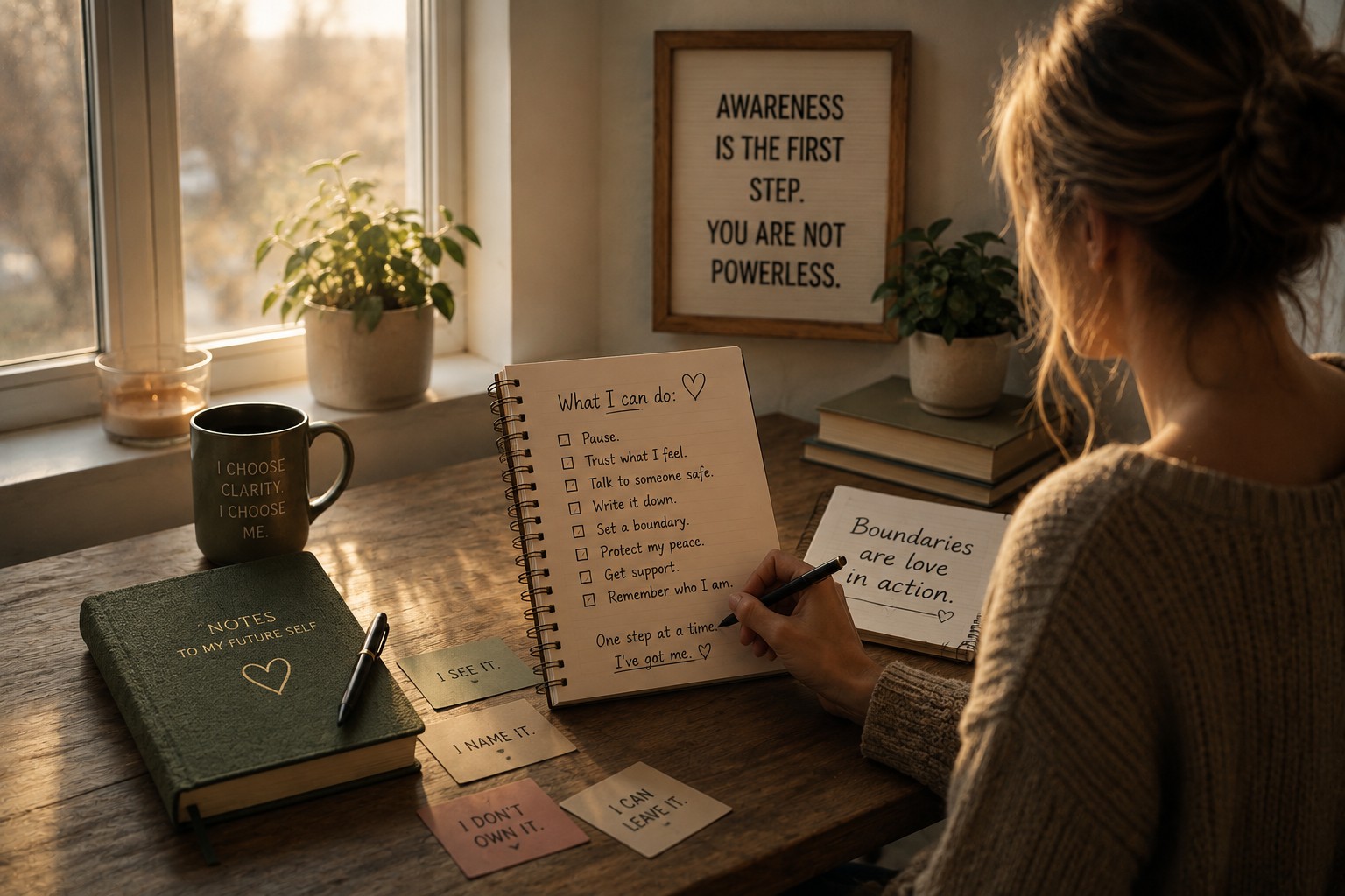 A woman writing boundary reminders in a journal beside a sunlit window