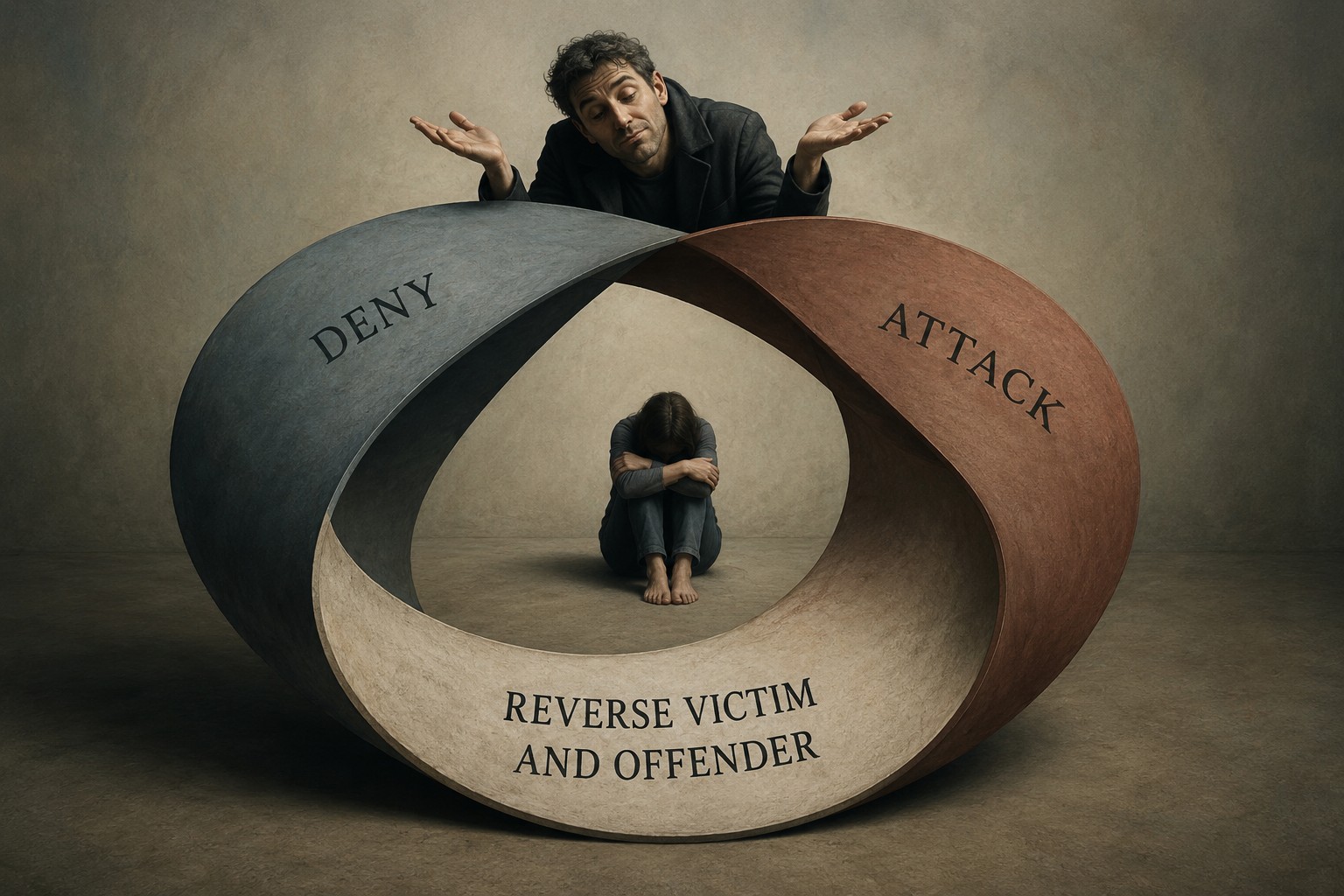 A person trapped inside a looping ribbon marked Deny, Attack, and Reverse Victim and Offender