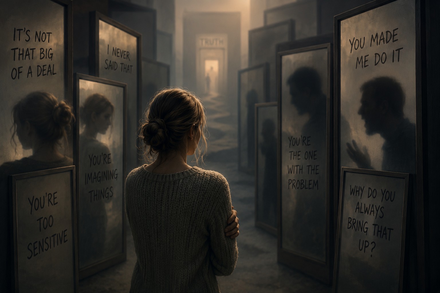 A woman facing mirrors carrying hurtful phrases that reflect the confusion of repeated blame