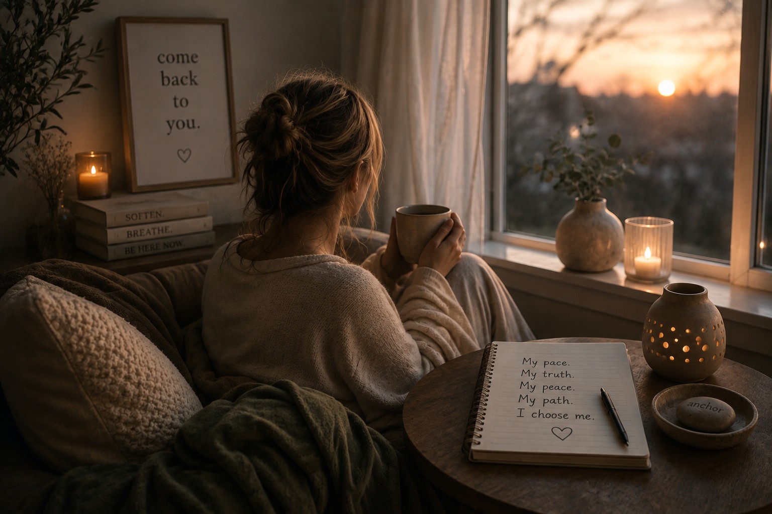 A woman resting by a window with a journal and candle at sunset