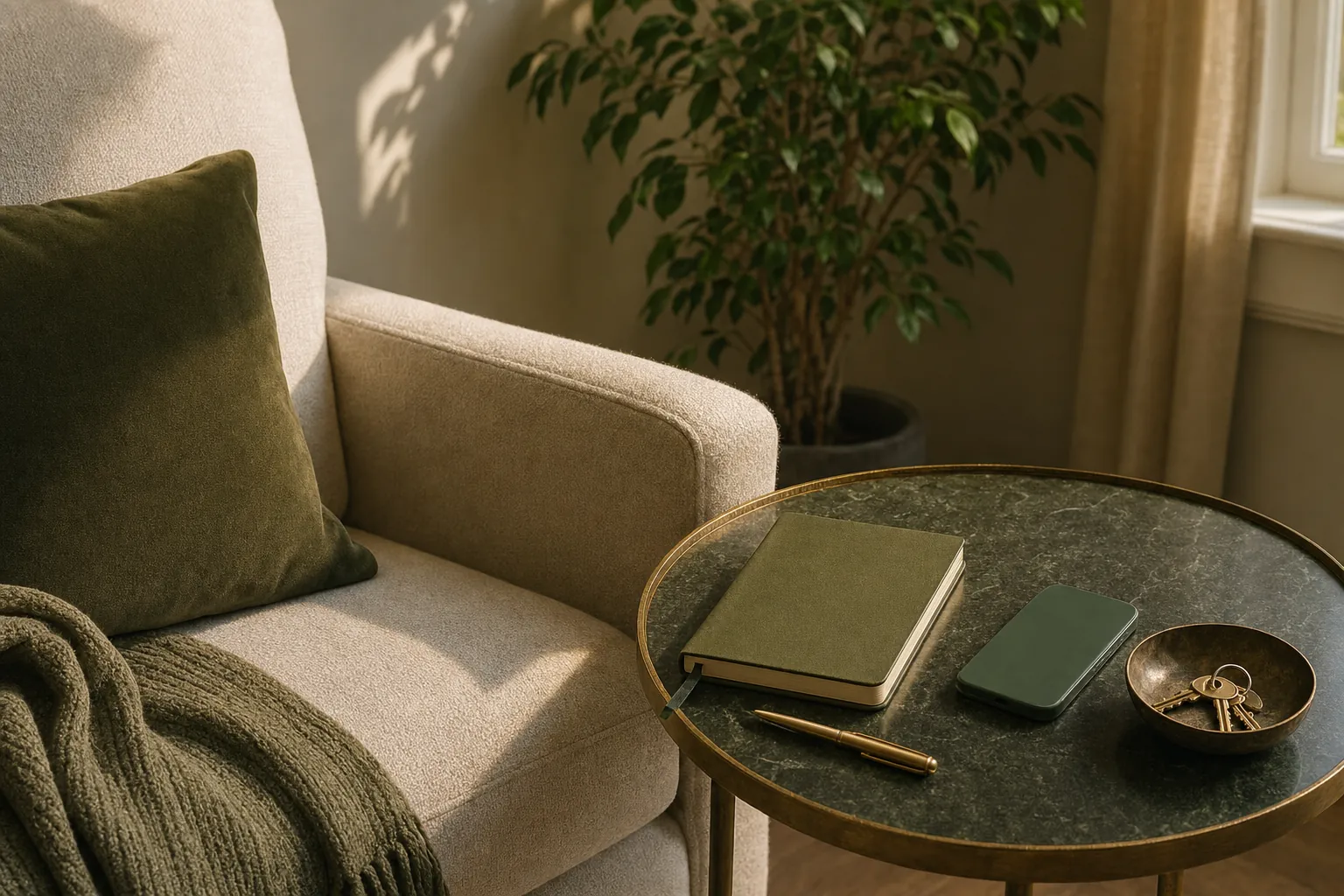 A phone, closed notebook, pen, and keys on a small table beside an armchair