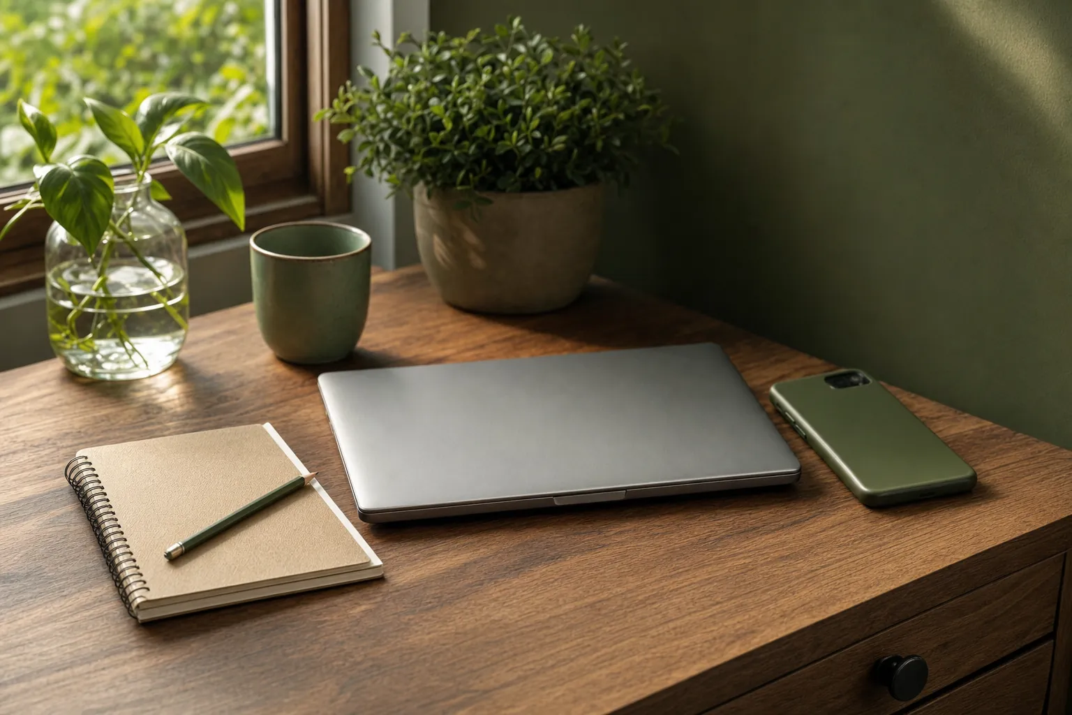 A face-down phone, closed laptop, notebook, and pencil on a wooden desk