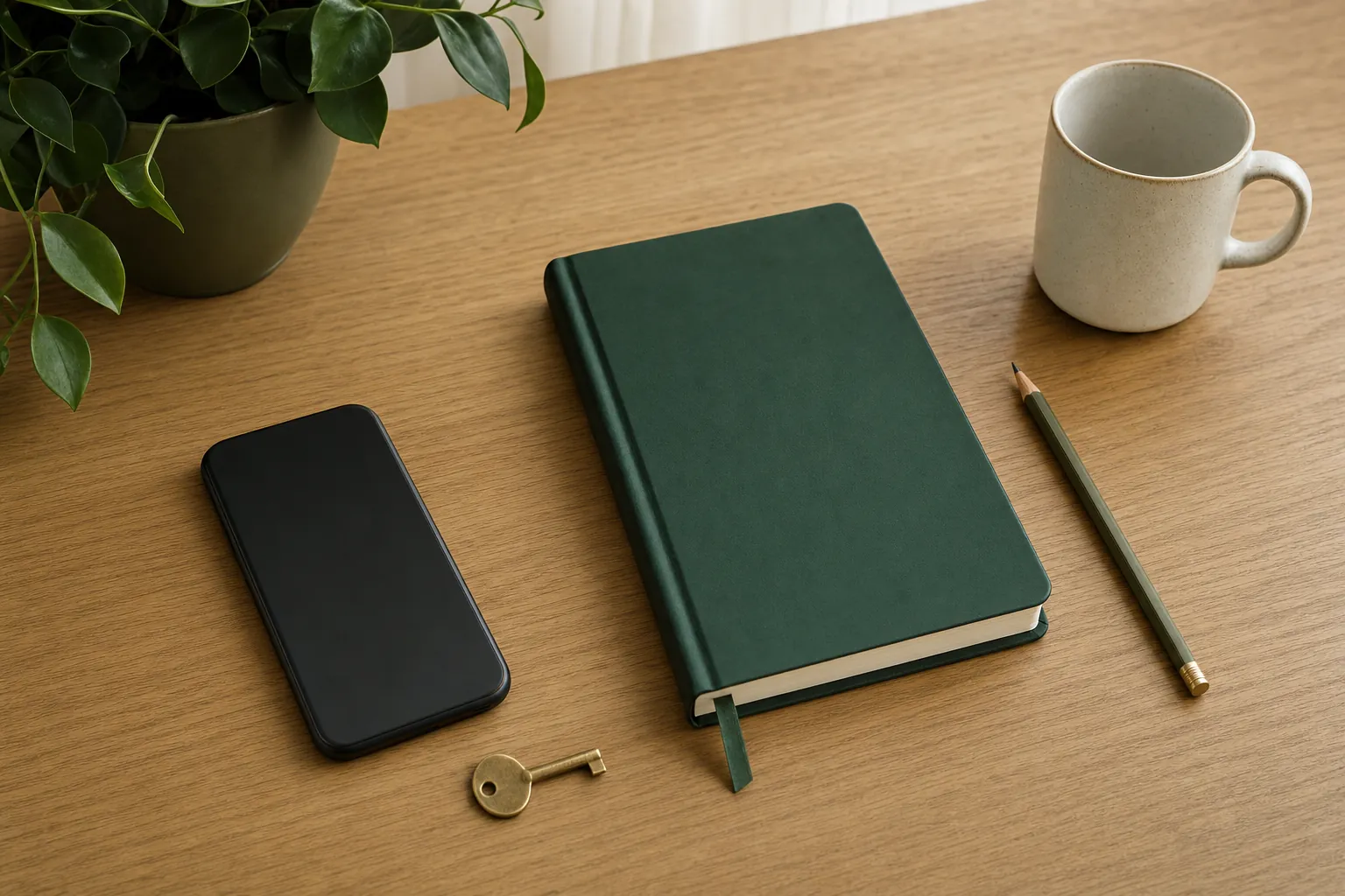 A face-down phone, green journal, pencil, key, and mug on a wooden desk