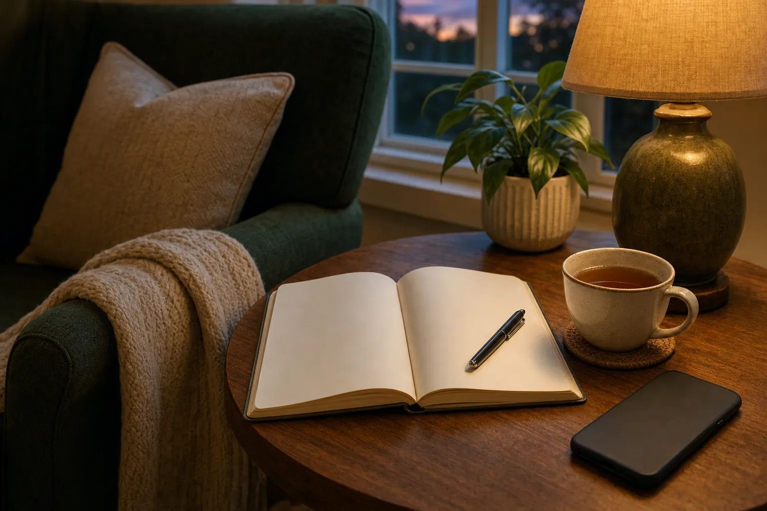 An open blank notebook, pen, tea, and face-down phone on a side table beside an armchair