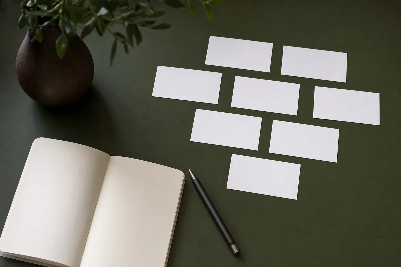 Blank index cards arranged beside an open notebook on a deep green table