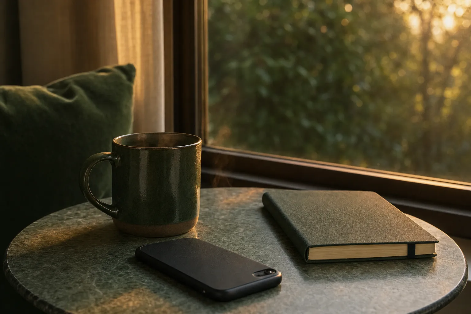 A phone face-down beside a mug and closed notebook by a window