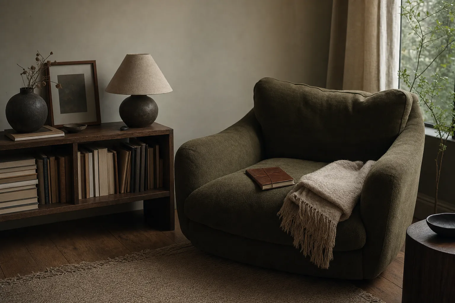 A deep olive reading chair with a journal and folded blanket beside a bookcase