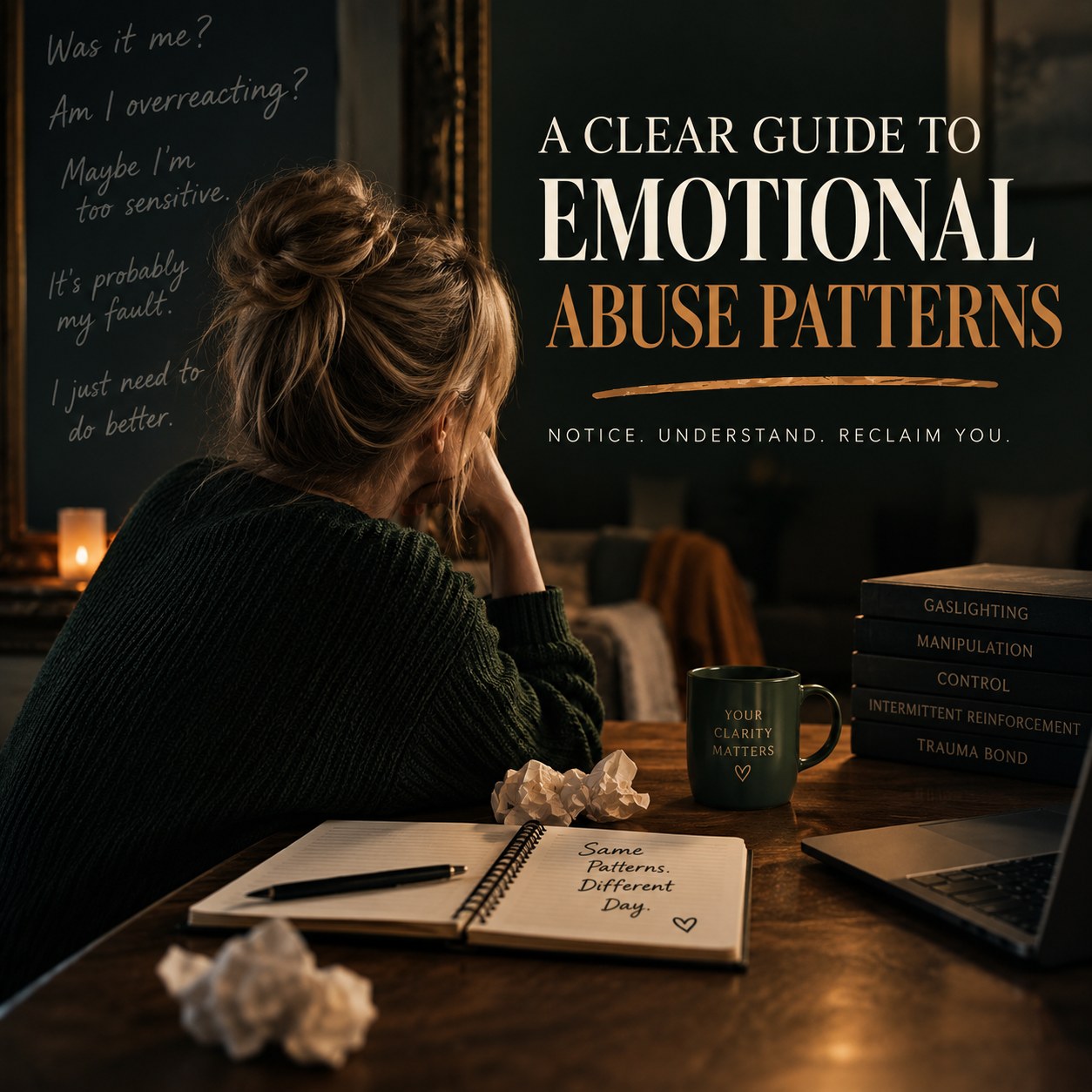 A woman sitting thoughtfully beside a journal, with the words A Clear Guide to Emotional Abuse Patterns