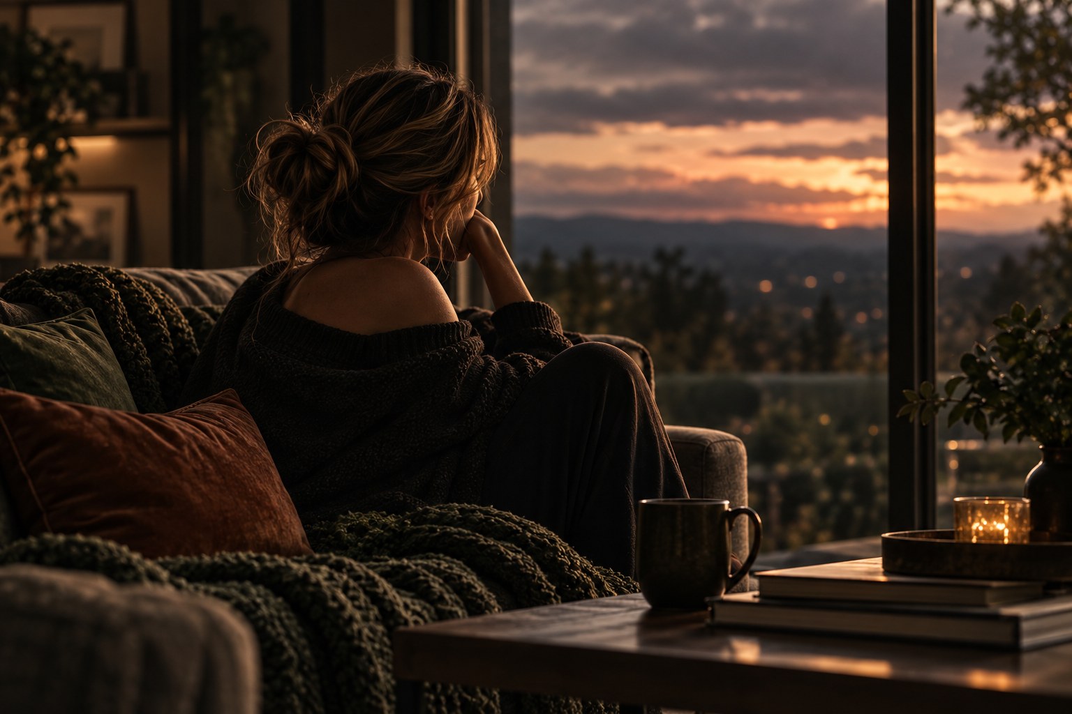 A person sitting quietly at a sunlit table with an open journal and a cup of tea
