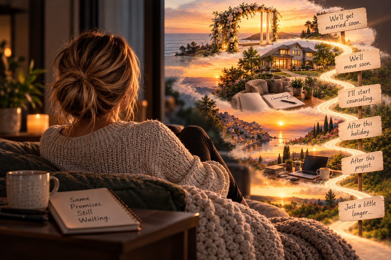 A woman waiting beside imagined plans for marriage, a home, and counseling, with signs promising just a little longer