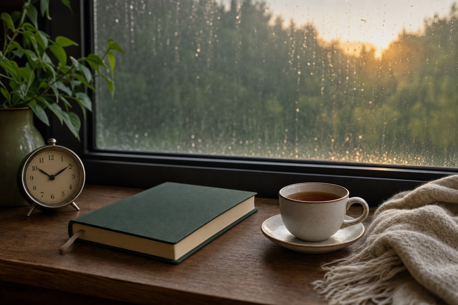 A green journal, clock, and cup of tea beside a rain-speckled window