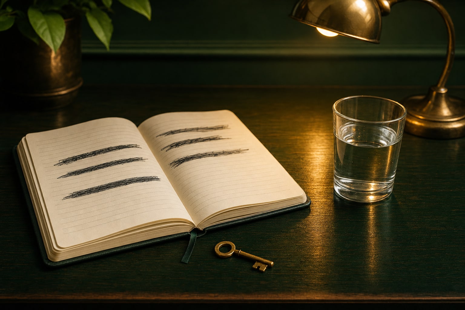 An open notebook with obscured lines beside a brass key, a glass of water, and a desk lamp