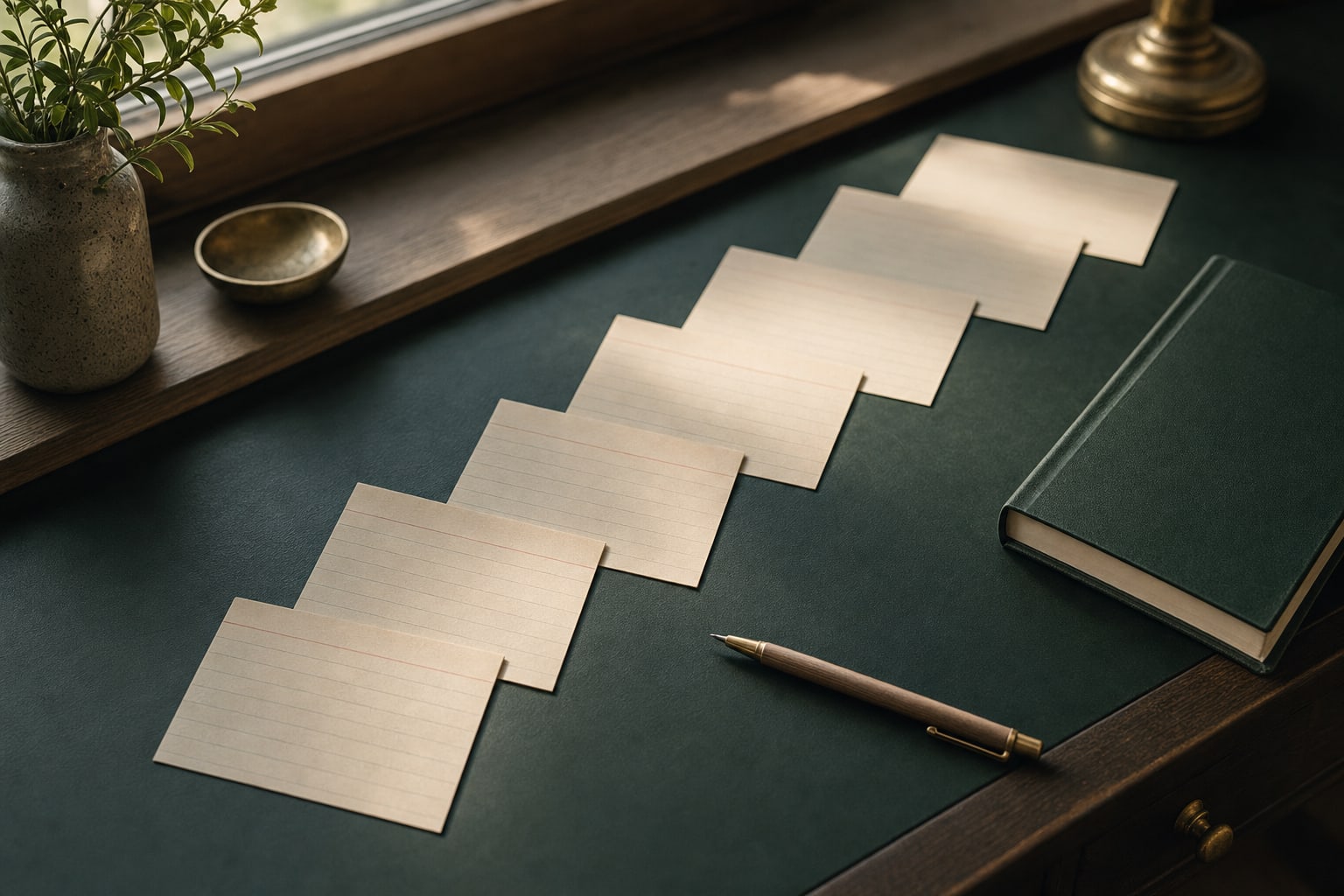 Blank index cards arranged in a sequence beside a notebook and pen