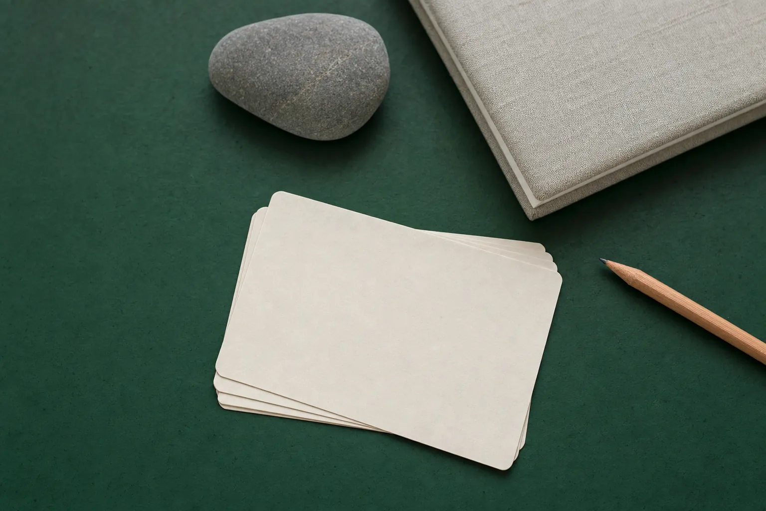 Blank index cards, a gray stone, and a pencil arranged on a green table