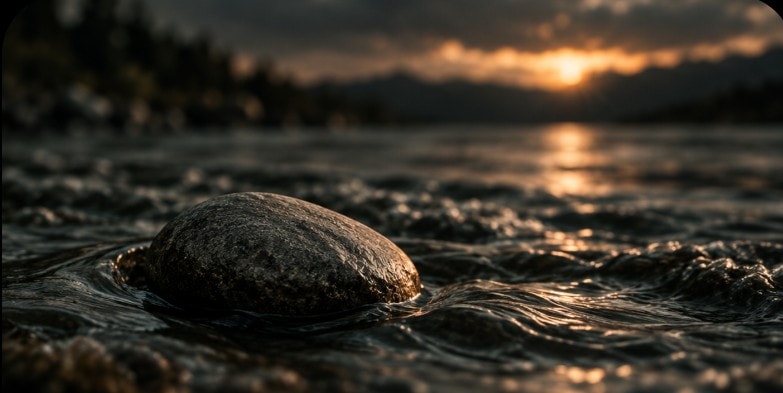 A smooth gray stone in a gently flowing stream at sunset