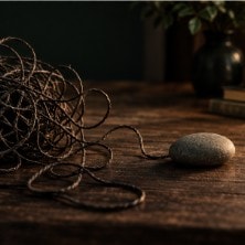 A smooth gray stone beside a tangle of cord on a wooden table
