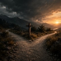 A quiet path through a mountain valley at sunset