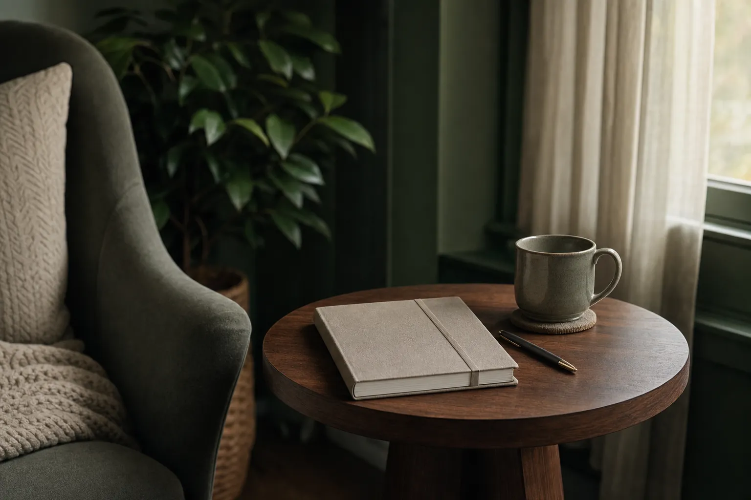 A notebook, pen, and mug on a small table beside a quiet reading chair