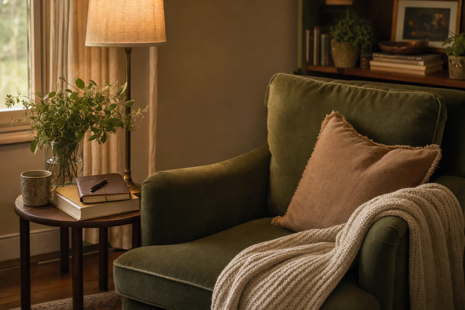 An olive green reading chair with a blanket, journal, and warm lamp in a quiet room