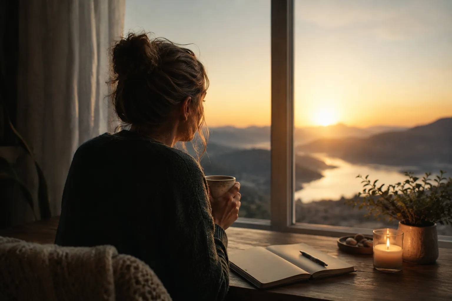 A woman sits by a window at sunrise with a notebook and cup of tea