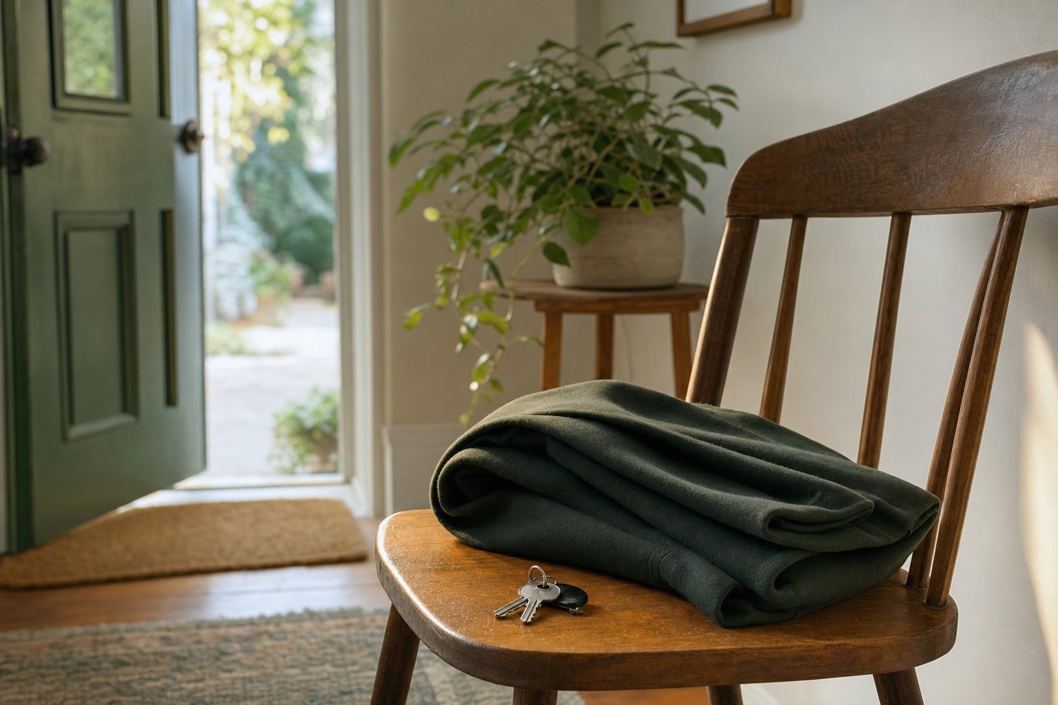 A folded coat and keys on a wooden chair near an open doorway