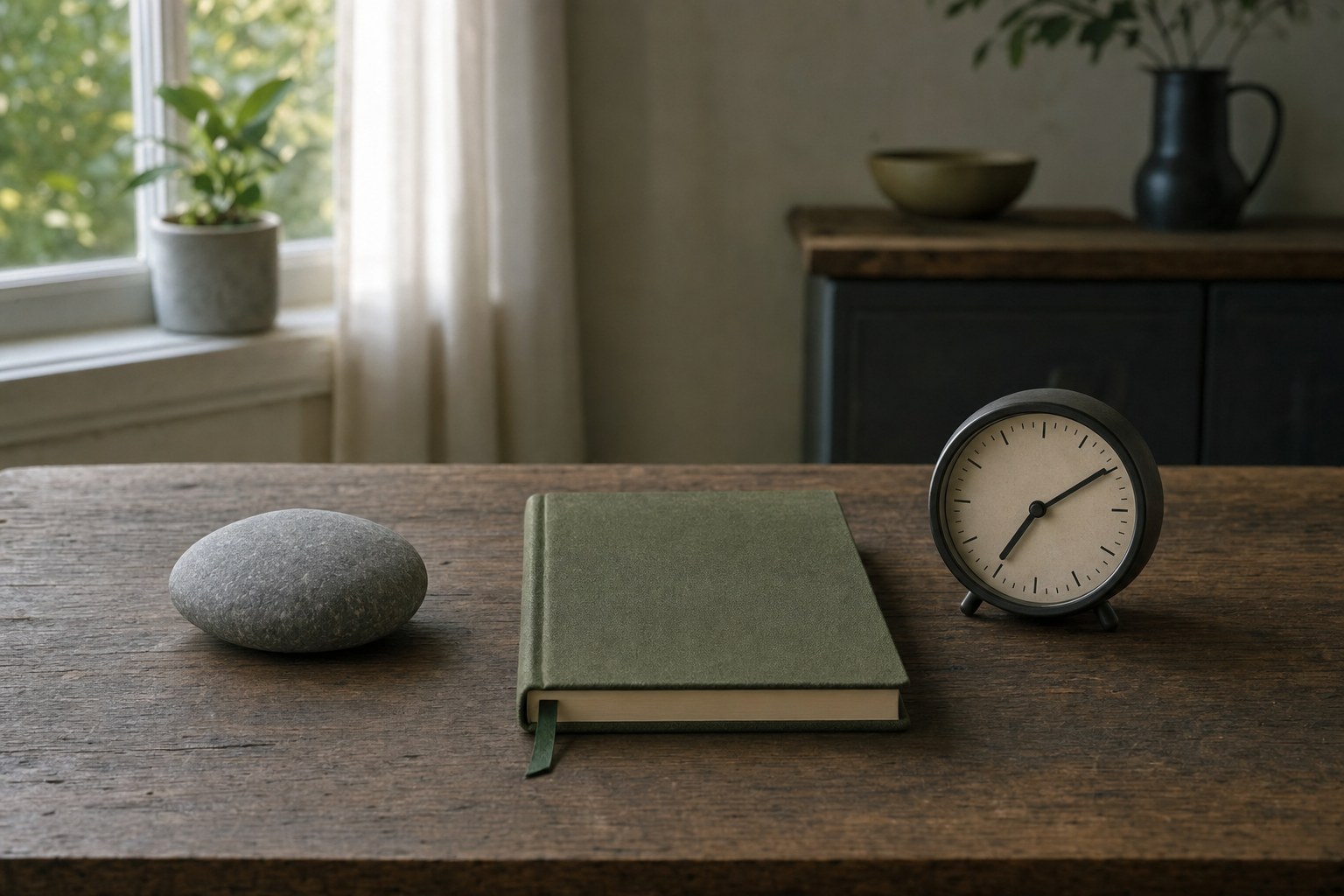 A grey river stone, a closed green notebook, and a clock on a wooden table