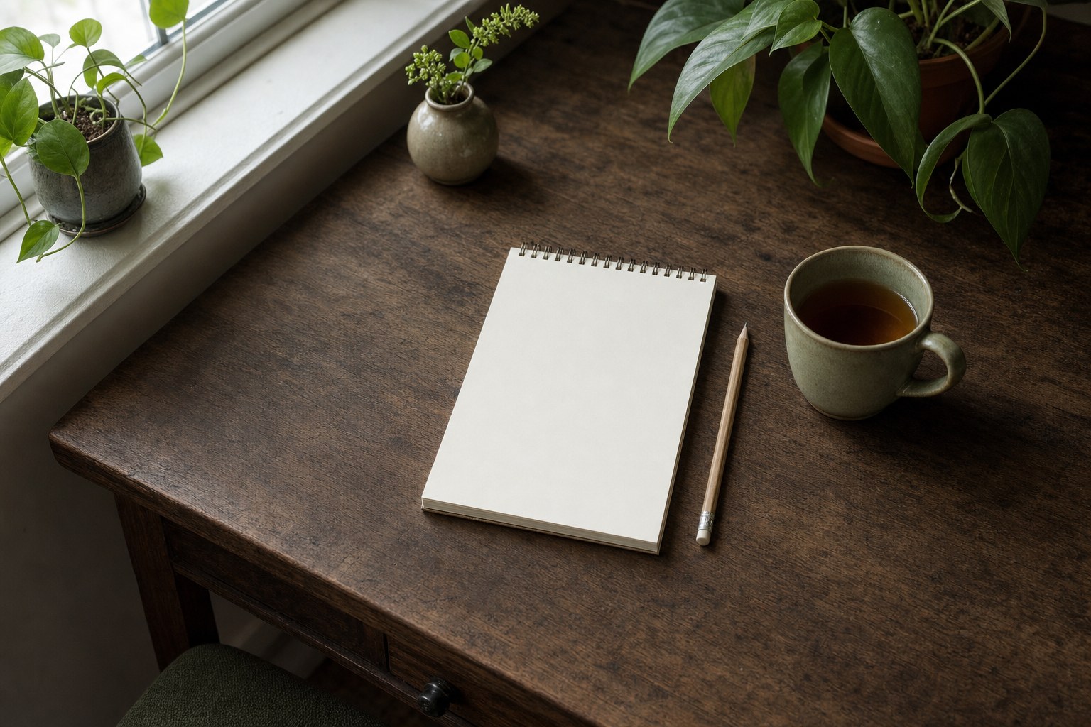 A blank notebook and pencil on a desk beside a cup of tea