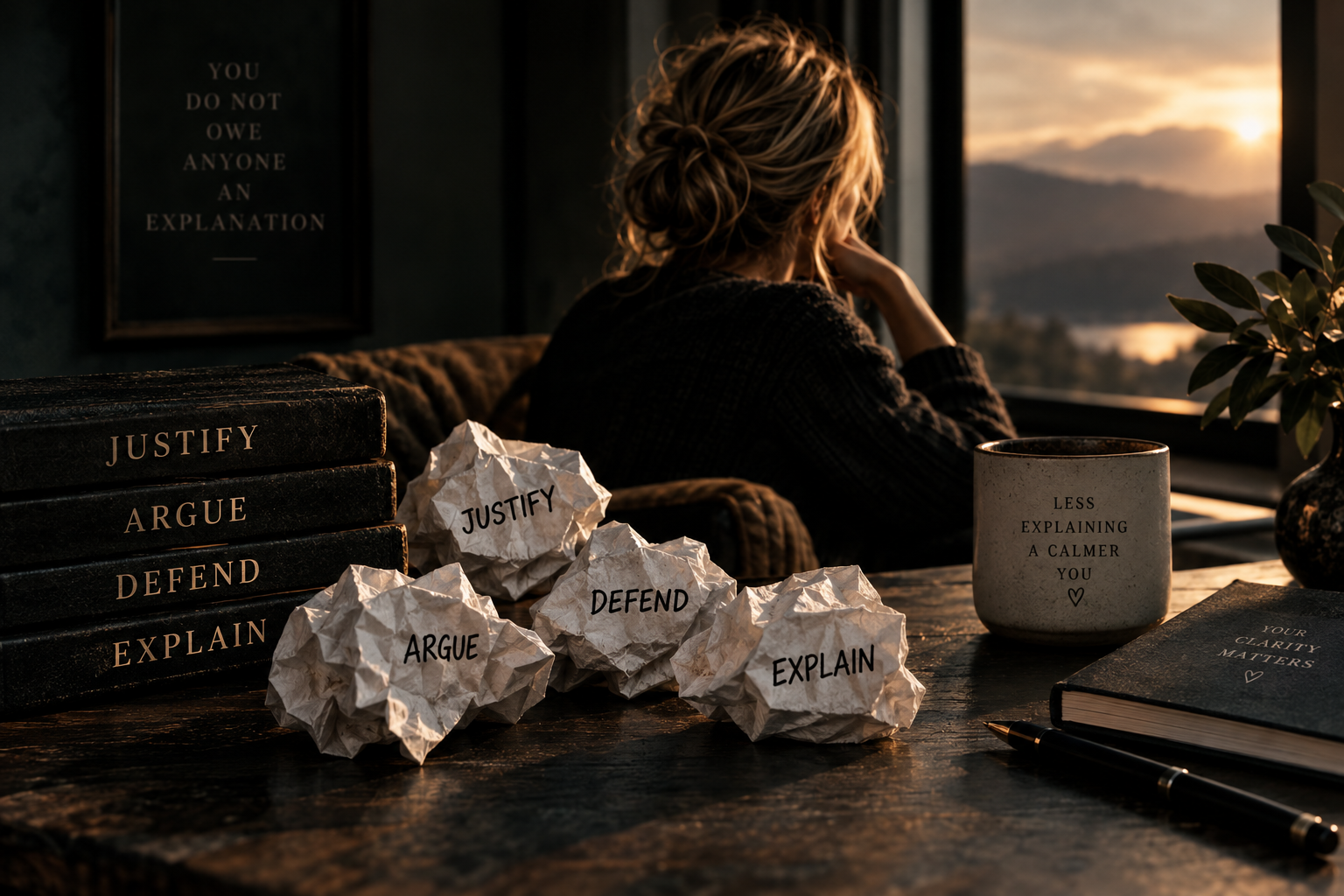 Crumpled notes labelled justify, argue, defend, and explain beside a quiet window