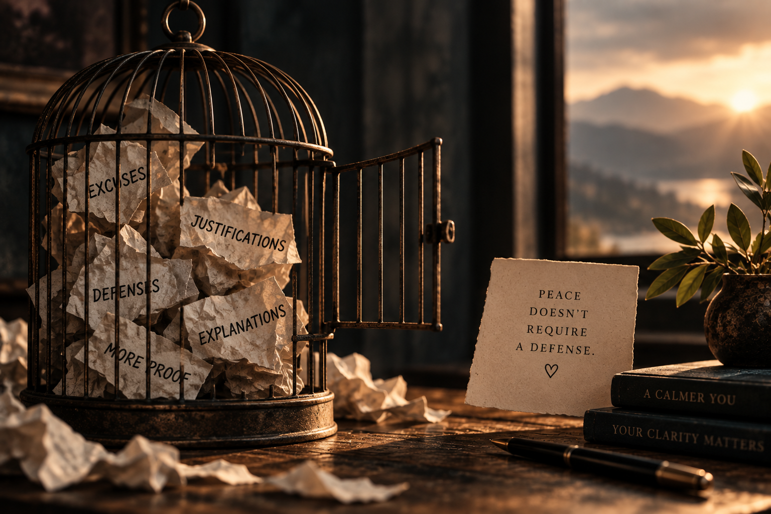 An open birdcage holding crumpled notes labelled excuses, justifications, defenses, and explanations