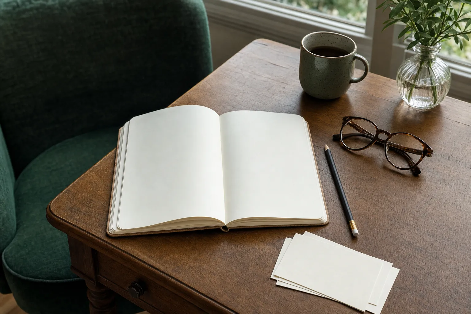 An open blank notebook, pencil, glasses, and cup on a wooden table beside a green chair