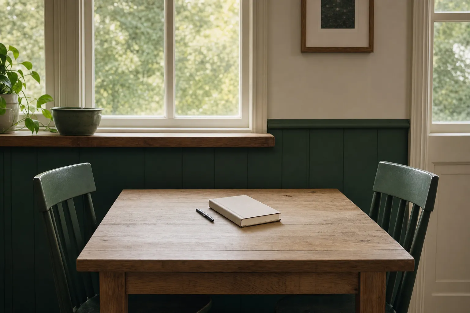 Two empty green chairs facing a table with a closed notebook and pen