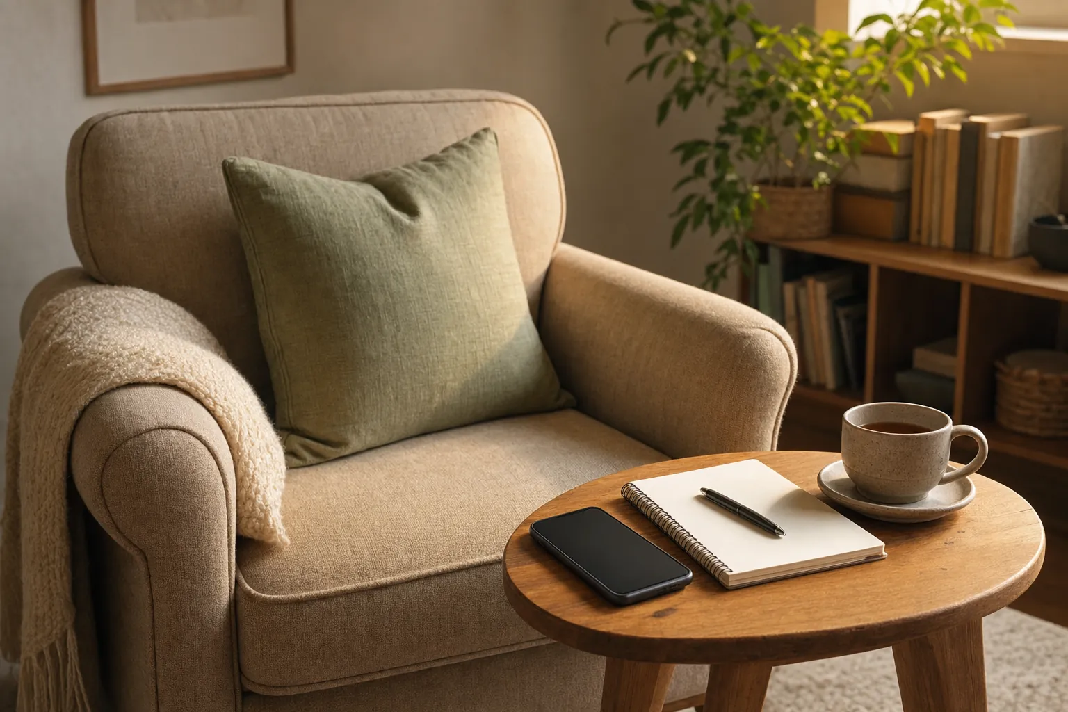 An armchair beside a table with a face-down phone, blank notebook, pen, and cup of tea