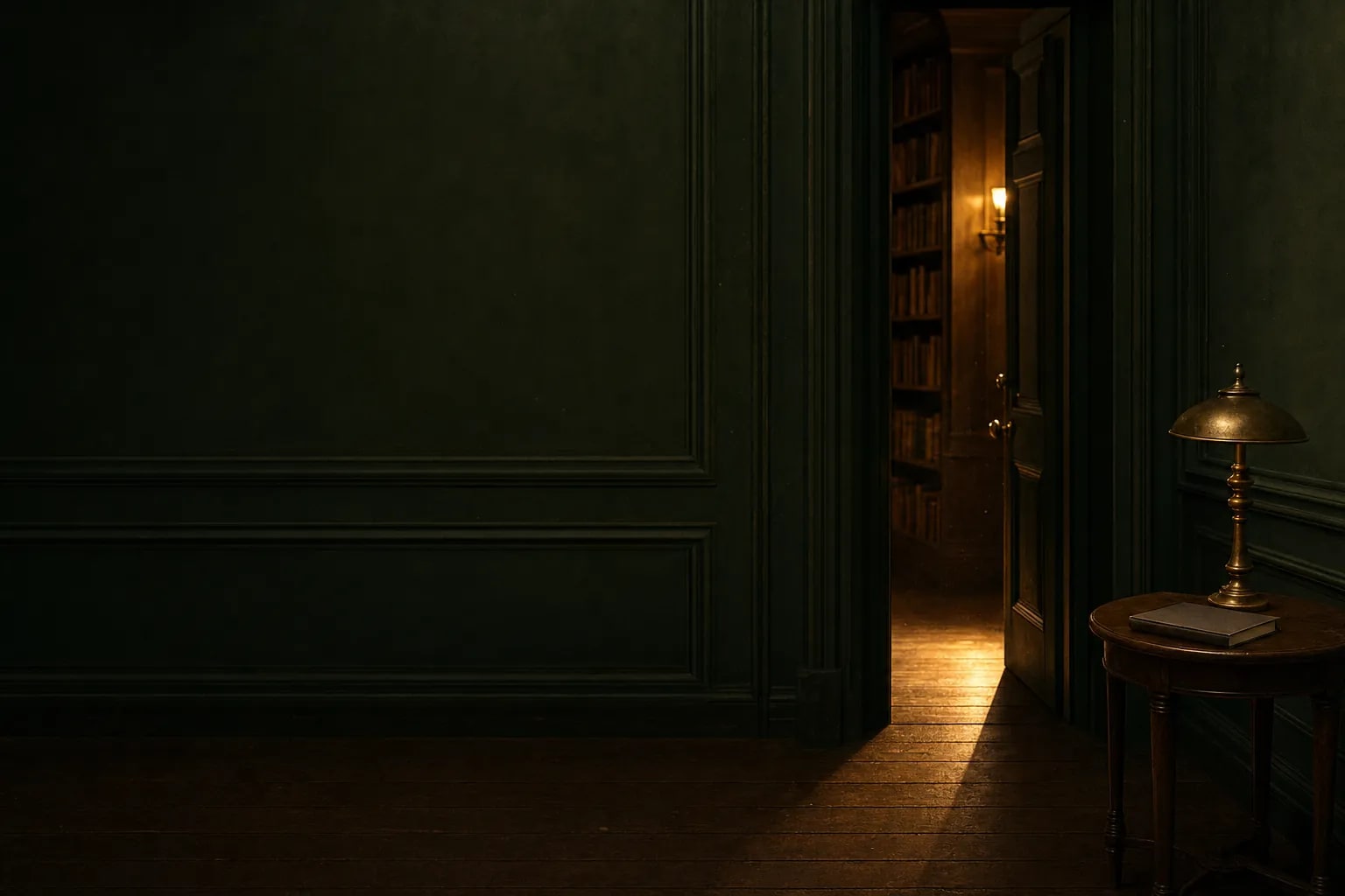 A warmly lit library at night
