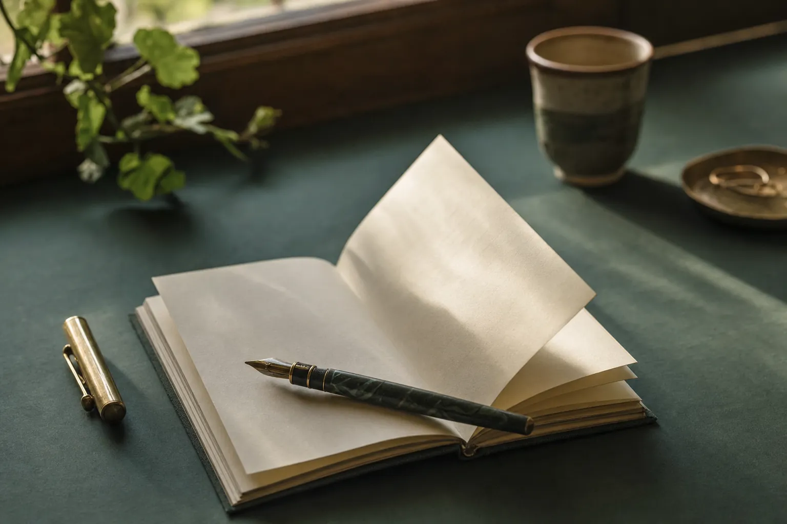 An open notebook and fountain pen on a deep green table