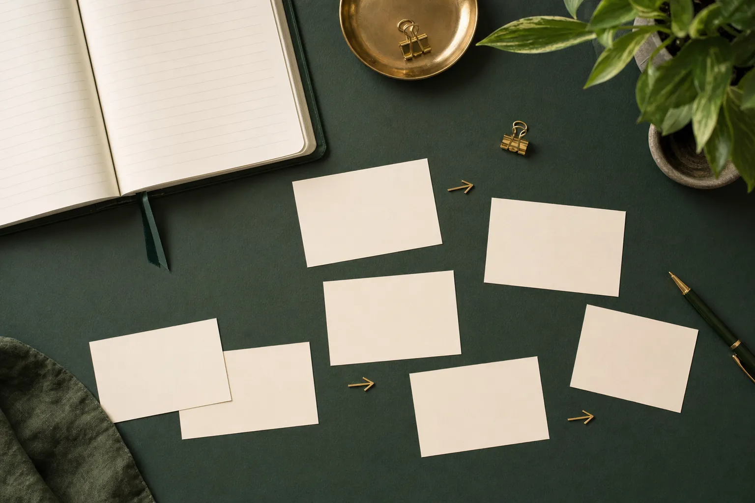 Blank index cards and a notebook arranged on a dark green writing table