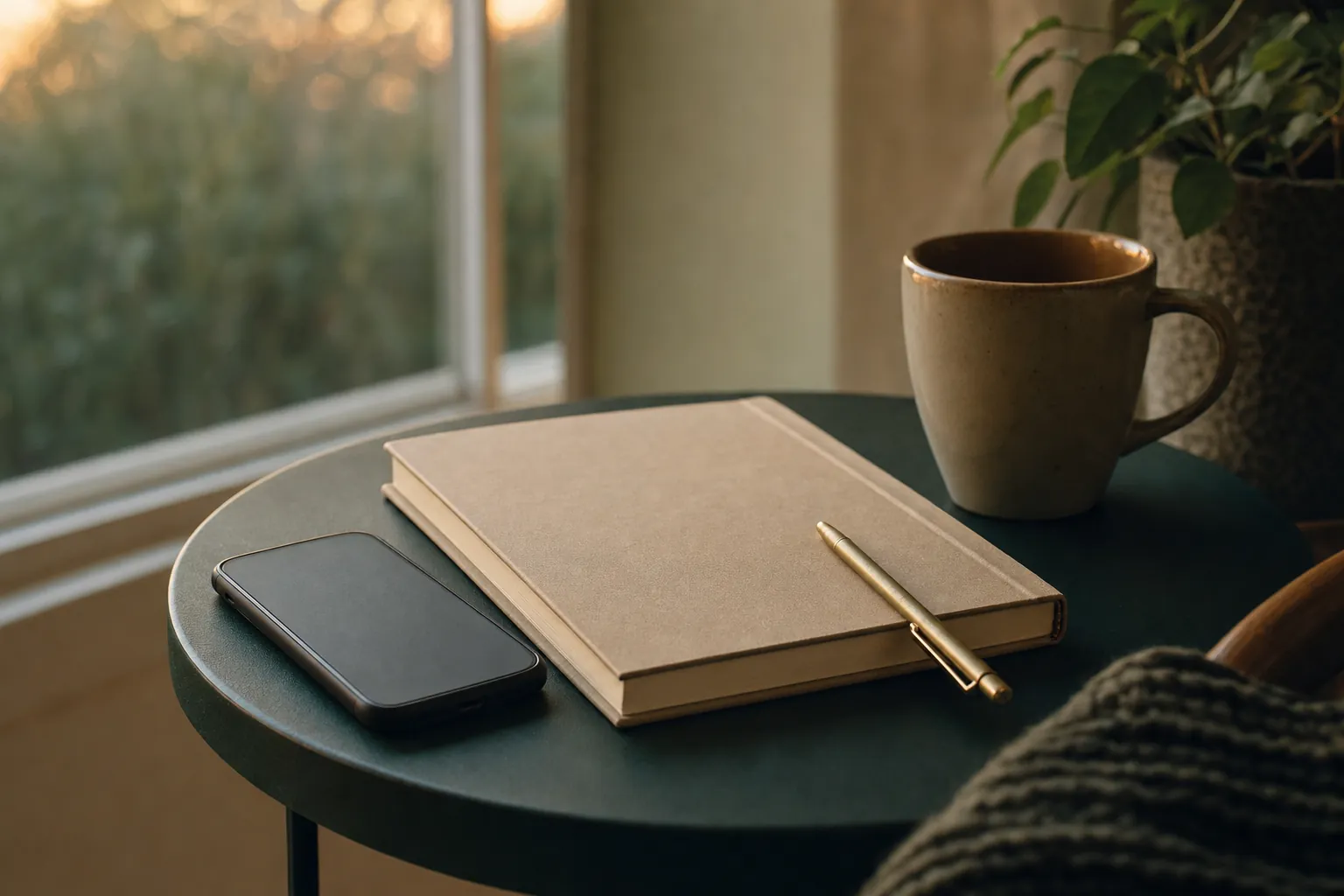 A phone face-down beside a notebook, pen, and mug by a window