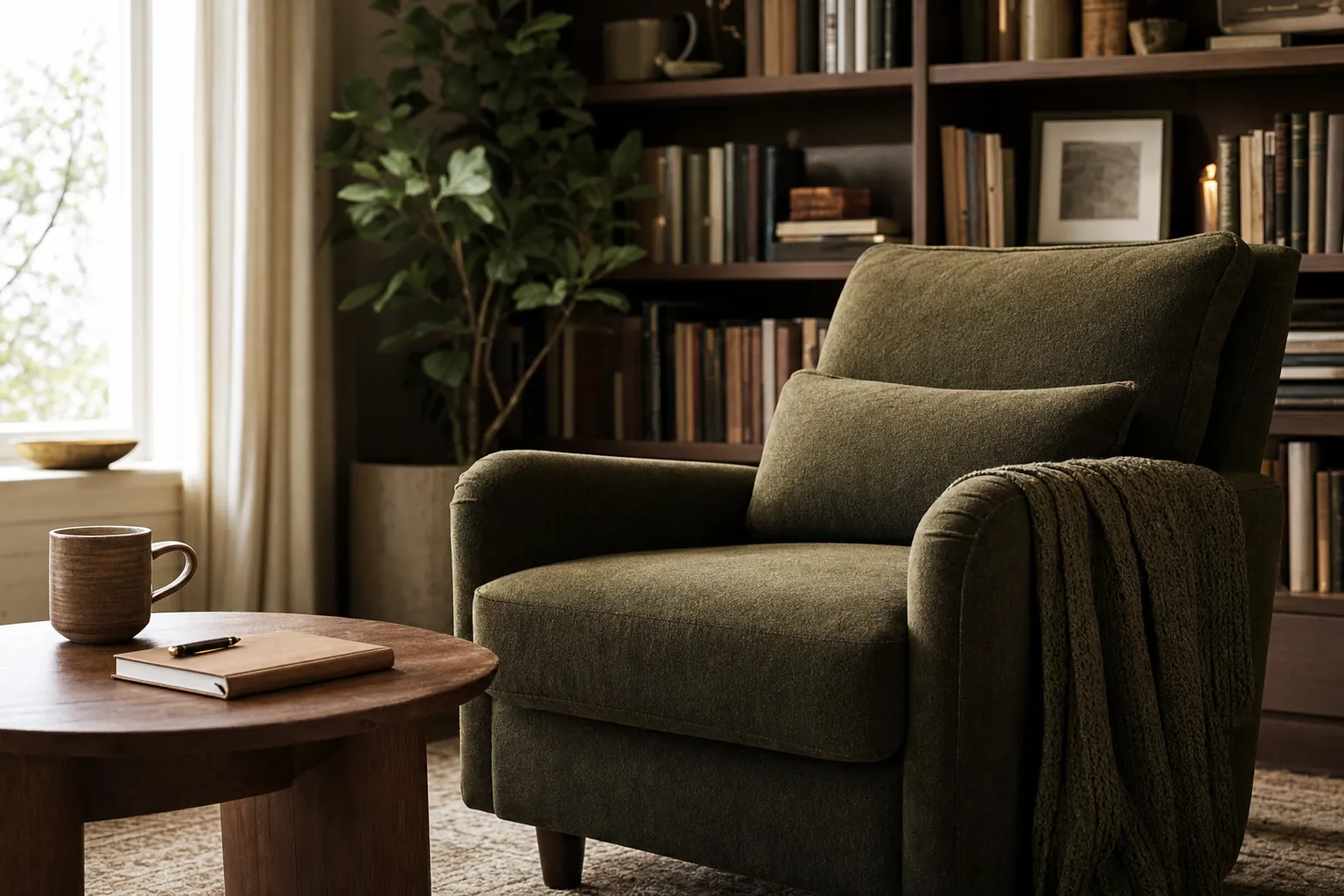 A deep olive reading chair beside a journal in a quiet book-lined room