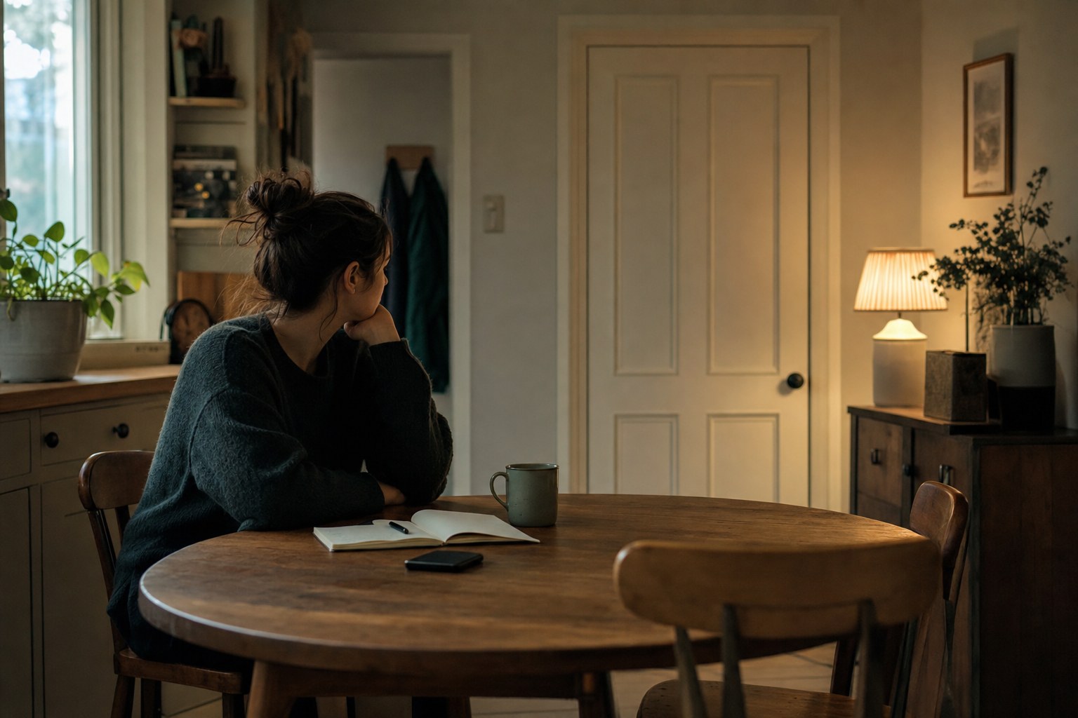 A woman sitting alone at a kitchen table, looking toward a closed door