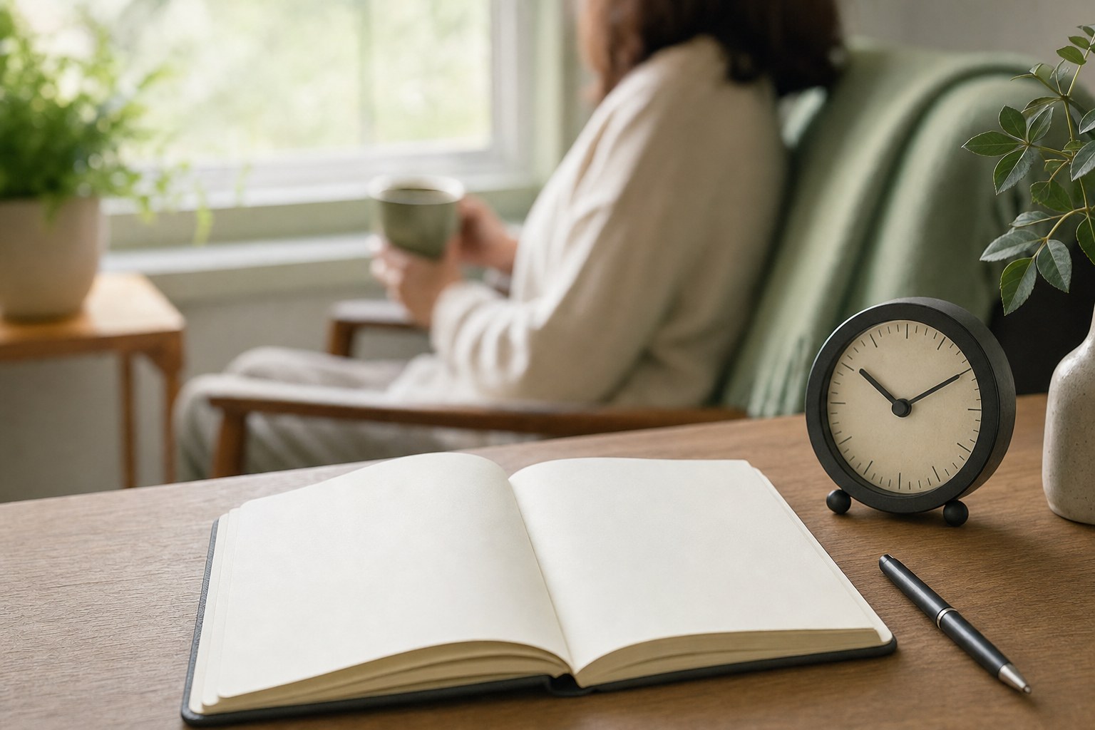 A blank notebook, pen, and clock during a calm pause at home