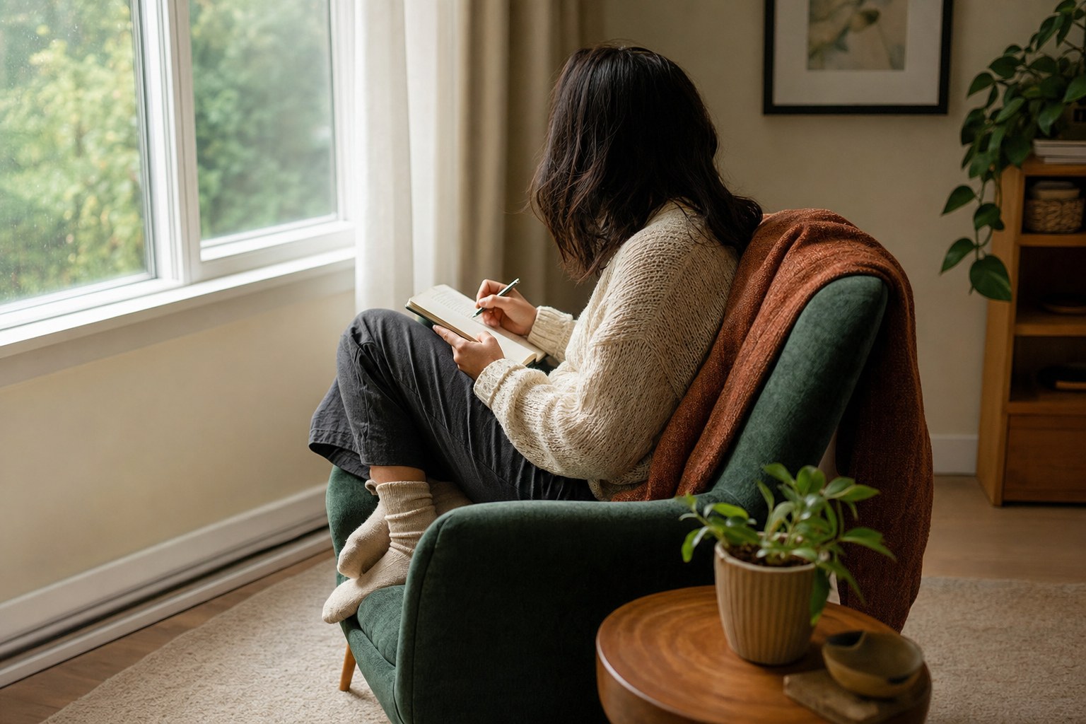 A woman writing privately in a journal beside a window
