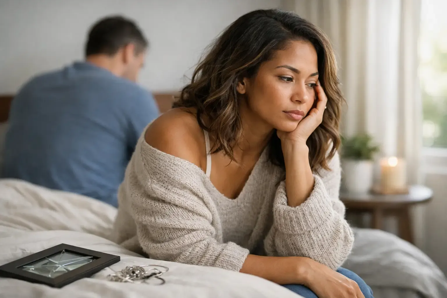 A woman sitting quietly on a bed while a partner sits in the background