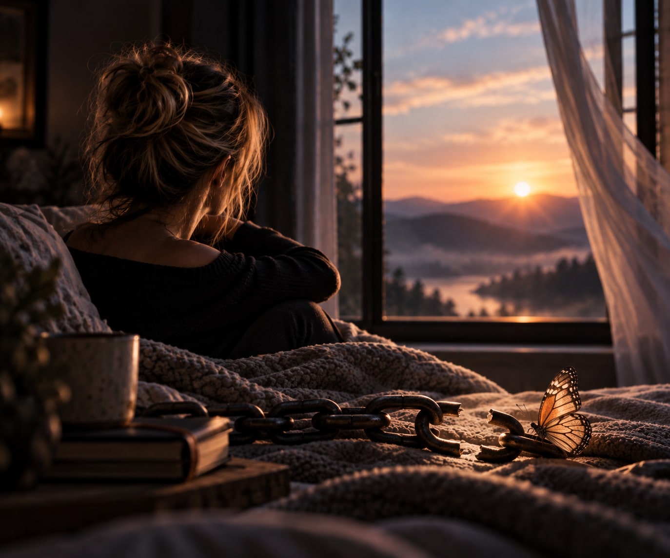 A person sitting by a window at sunset, with a broken chain and butterfly in the foreground
