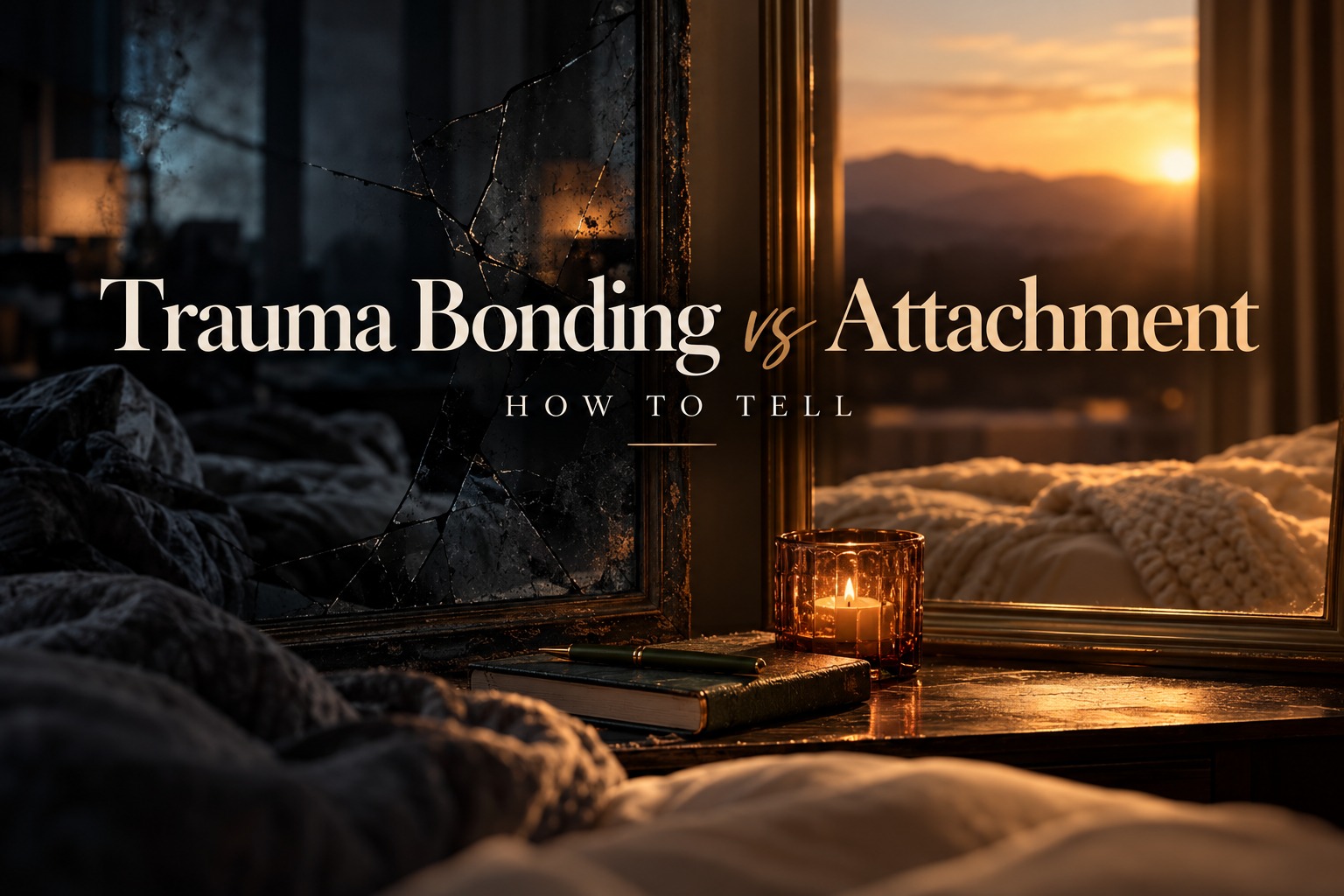 A cracked mirror reflecting a dark bedroom beside a warmly lit window, with the words Trauma Bonding vs Attachment: How to Tell