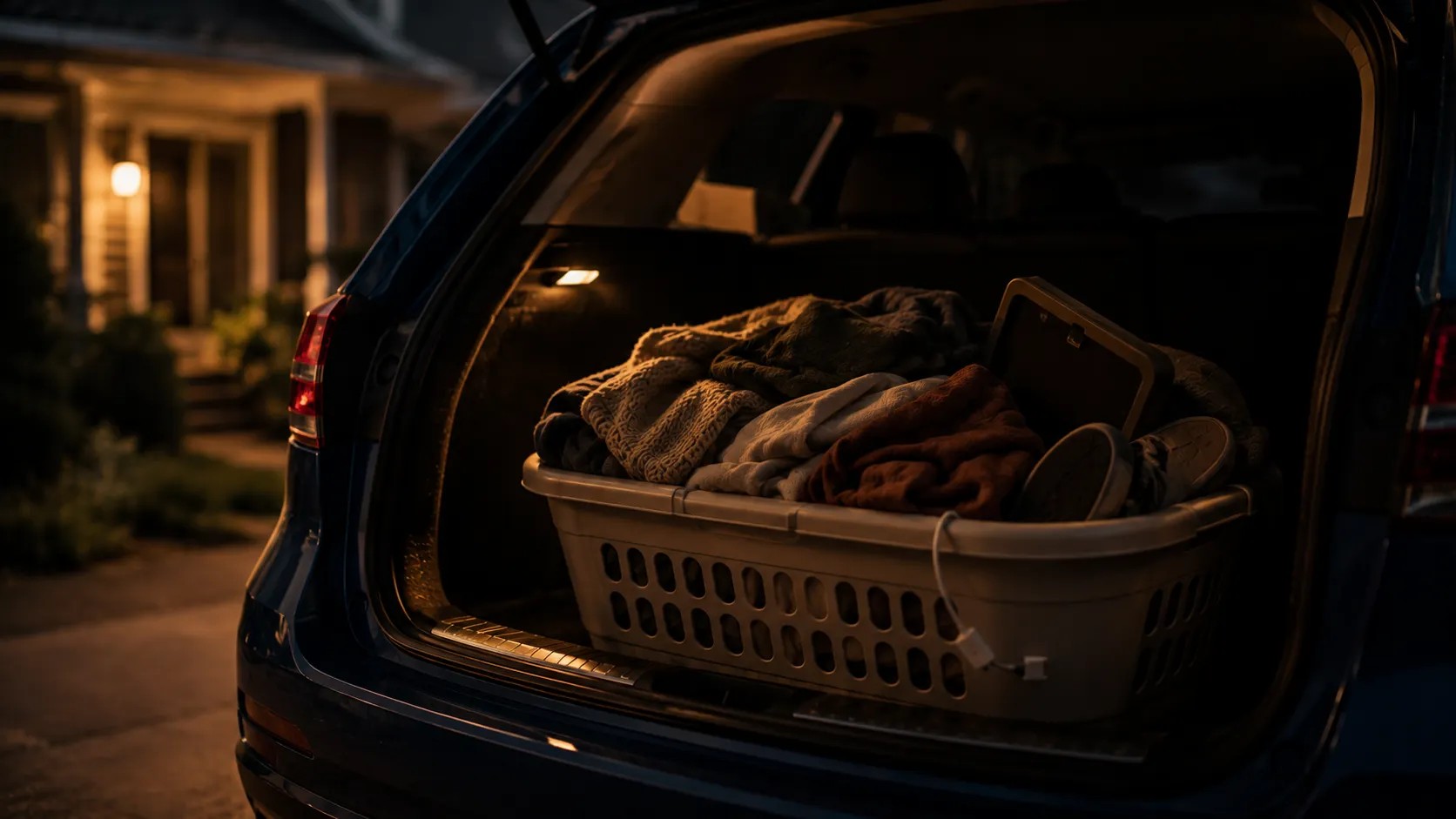 A laundry basket packed with clothes in the open trunk of a car at night