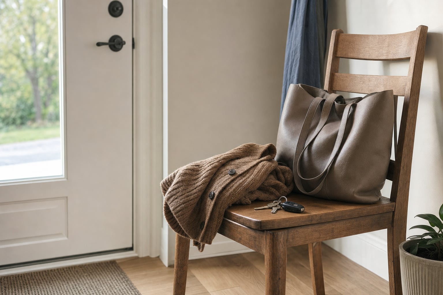 A cardigan, tote bag, and keys resting on a chair by a front door