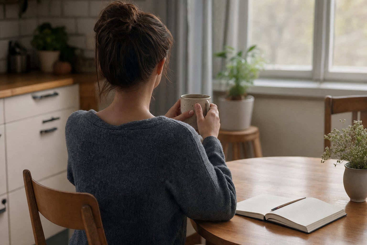 A woman sitting quietly at a kitchen table with a mug and open journal