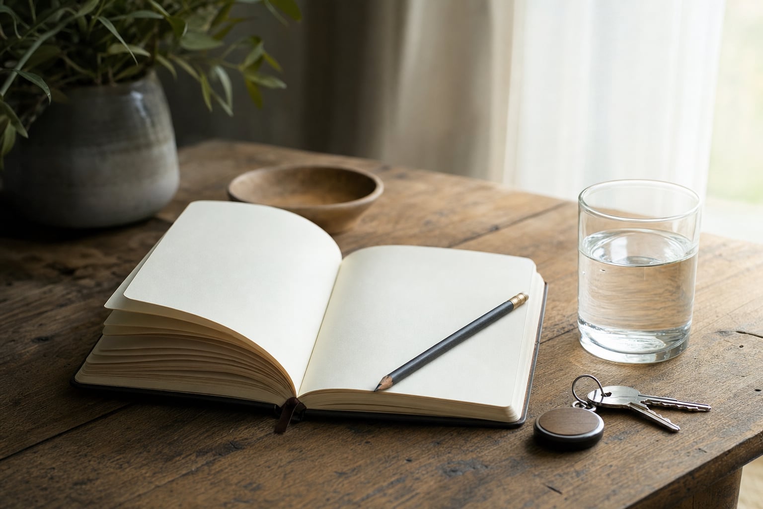 An open blank journal, pencil, keys, and glass of water on a wooden table