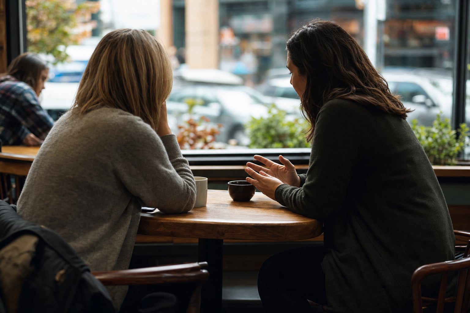 Two women having a thoughtful conversation at a cafe table