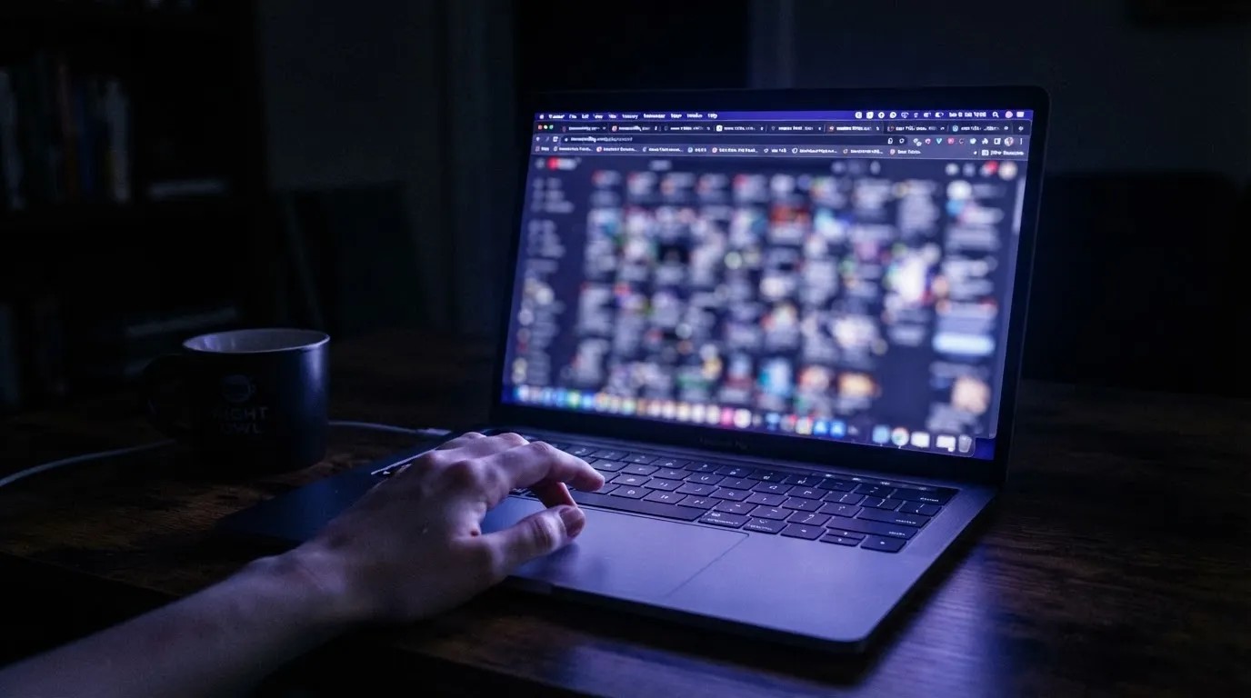 A woman sitting alone in a dark room, lit by a computer screen